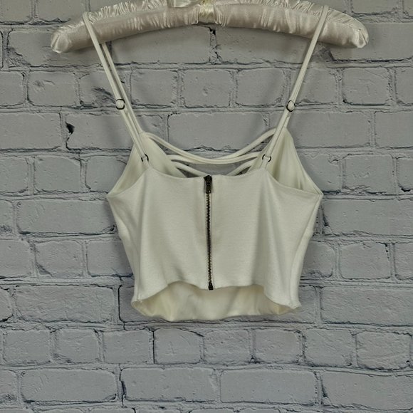 Forever 21 Women's V-Neck Lattice Front Rear Zip Crop Top, Size Small, White - Picture 3 of 5